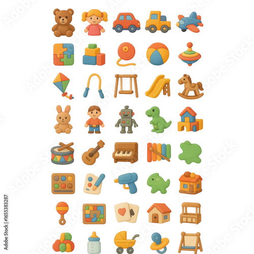 Collection of colorful cartoonish toy icons ideal for children's apps and websites engaging playful designs