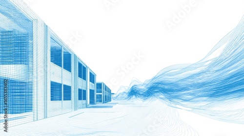 Carbon neutral data center in minimalist wireframe style with blue energy flowing lines on white background, illustrating sustainable technology, eco-friendly computing and green energy concepts