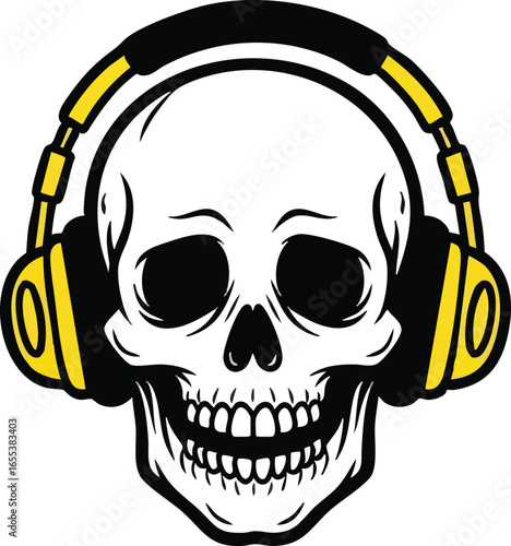 Cartoon skull with yellow headphones on, facing forward, with a white background.