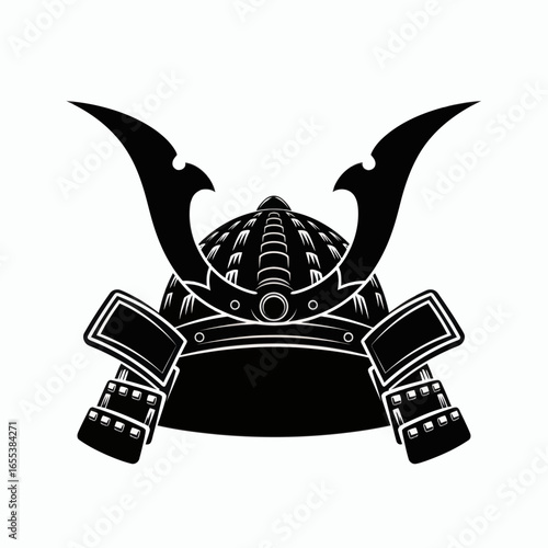 Black and white illustration of a Japanese samurai helmet with large curved horns and layered ear guards