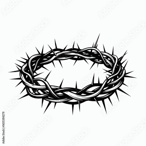 Black and white illustration of a crown of thorns an oval wreath of sharp spikes and tangled branches