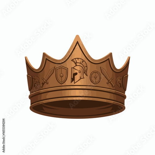 Bronze crown with Spartan helmet shield and sword engravings on a white background