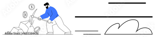 Person using a pickaxe to extract coins, representing effort, currency, resource extraction. Ideal for entrepreneurship, investment, mining, savings economy hard work financial growth. Simple flat