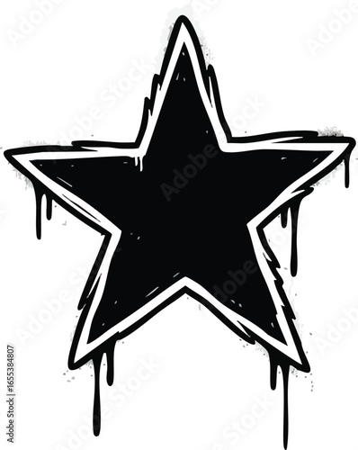 A black star with a distressed white outline and paint drips, featuring a grunge graffiti style.