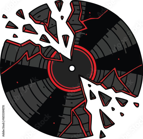 A black vinyl record shattering into pieces with red cracks and flying fragments, symbolizing destruction.