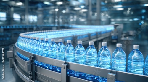 A modern bottling plant showcasing a conveyor belt filled with clear water bottles, emphasizing industrial efficiency and production quality.