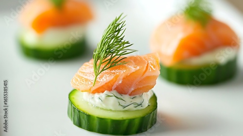 Smoked salmon and dill cream cheese canape on cucumber slice
