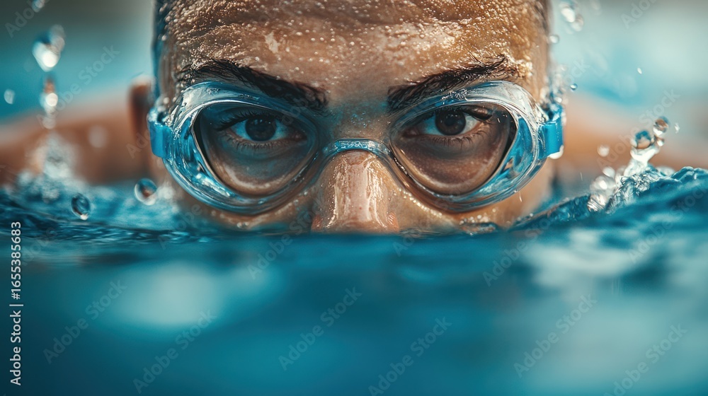 Fototapeta premium Focused swimmer's intense gaze underwater, water droplets splashing, competitive swimming.