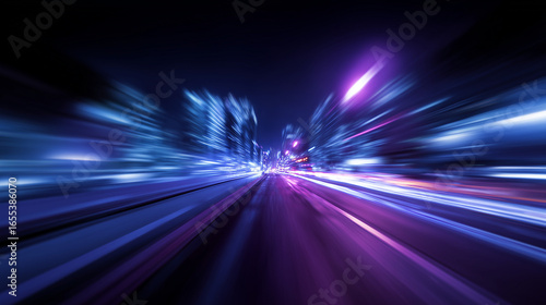 Fast driving in futuristic city with motion blur and neon lights
