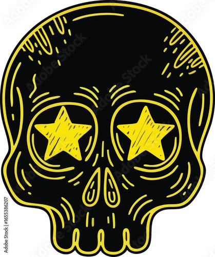 A hand-drawn black skull illustration with bright yellow outlines and star-shaped eyes.