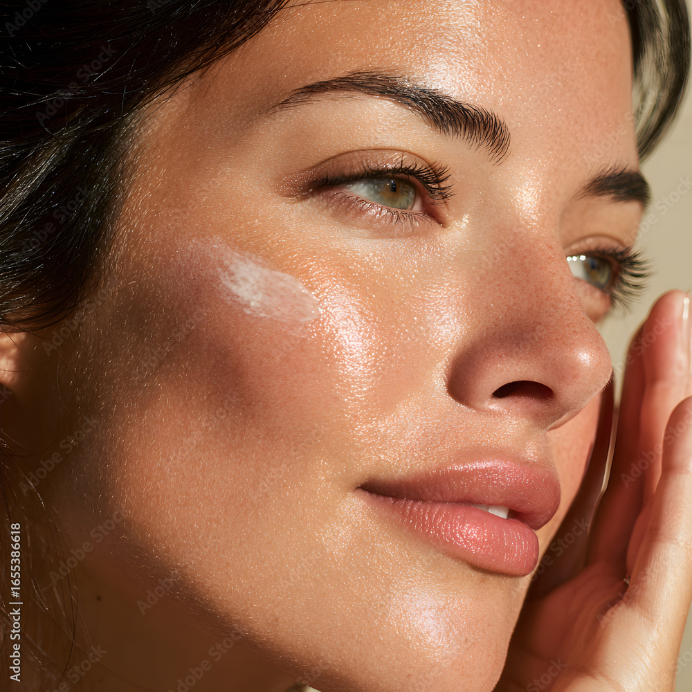 Fototapeta premium Close-Up Portrait of Young Woman Applying Moisturizer for Radiant Skin in Soft Natural Light