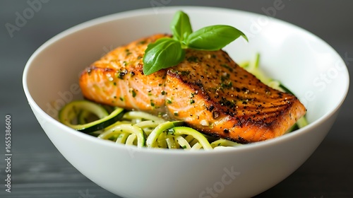 Delicious panseared salmon fillet served over zucchini noodles with fresh basil garnish