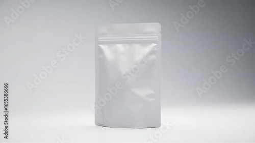 A blank white matte stand-up pouch with a resealable zip closure, isolated on a plain grey studio background.