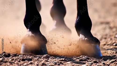 Close-up of horse hooves hitting the ground, kicking up dust