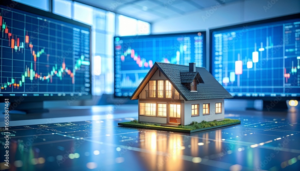 Real estate market graph with house model and property concept illustration