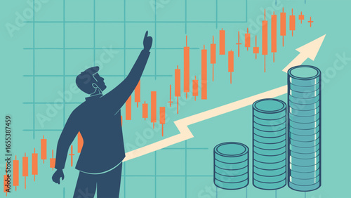 Businessman Celebrating Financial Growth with Increasing Stock Chart and Coins.