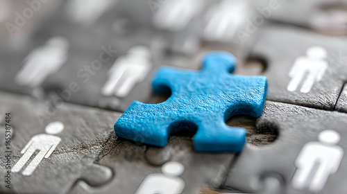 Blue Puzzle Piece Among Gray Human Figures: Teamwork Concept