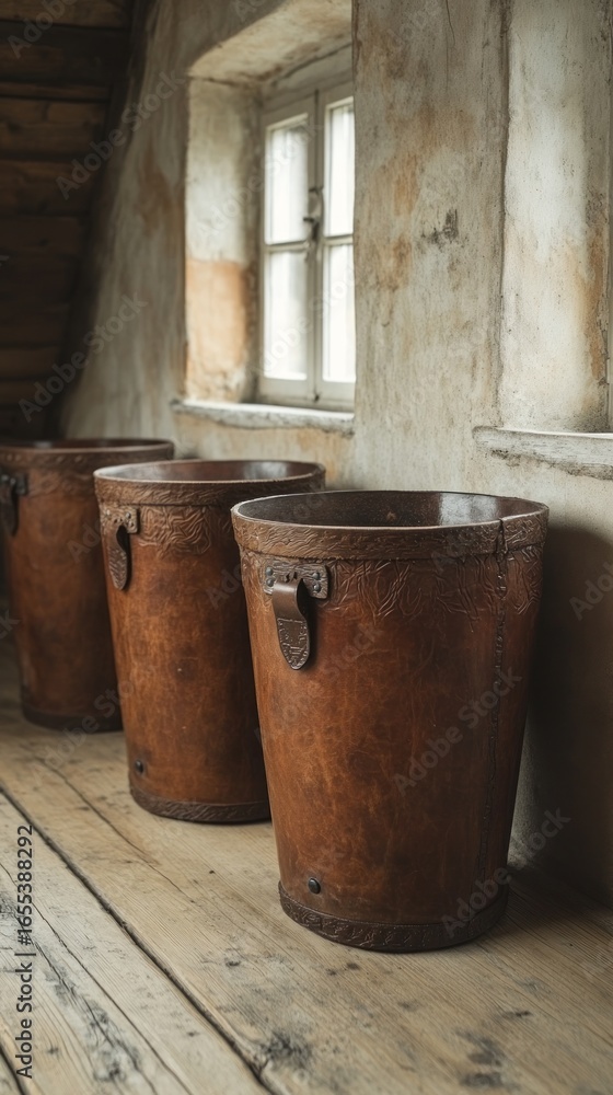 Fototapeta premium Three vintage leather storage bins lined up on a wooden surface in a room with a window