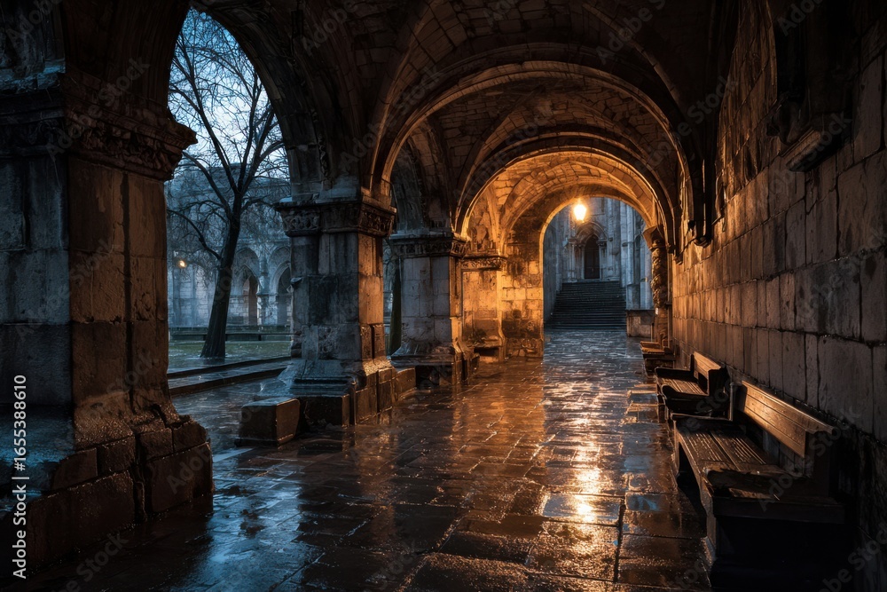 Fototapeta premium Serene Morning Light in Historic Stone Archway with Rain-Drenched Pathway and Trees in Background