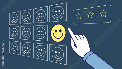 Customer Feedback Interface with Hand Selecting Smiley Face.