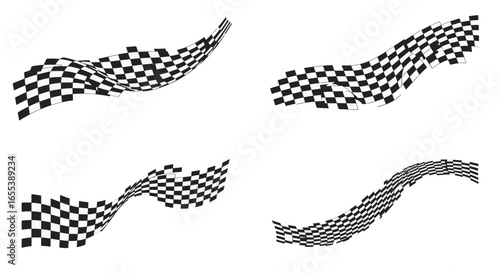 Checkered flag waving dynamically, symbolizing victory and speed in a competitive race environment, evoking excitement and the thrill of motorsport.