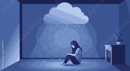 illustration of a frustrated woman in the middle of a rain cloud