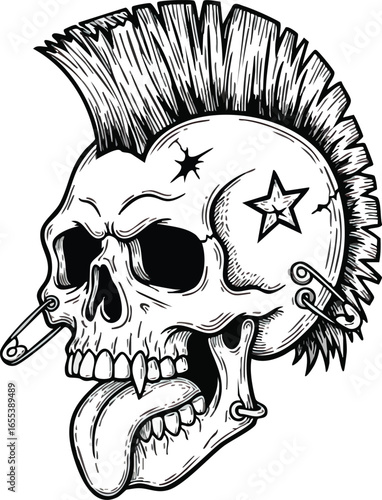A stylized skull with a mohawk, a graphic design.