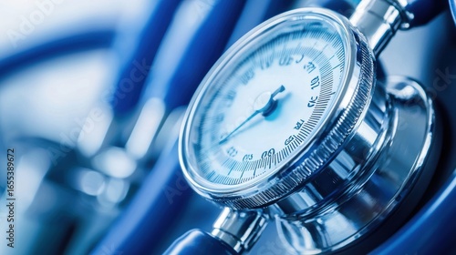 A close-up of a stethoscope with a blue background, focusing on the dial and the tubing.