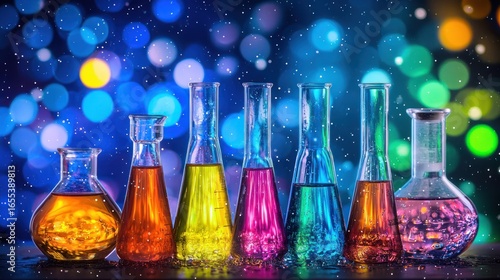 A row of colorful beakers with liquid inside, arranged in a row on a table with a blurred background of blue and green lights.