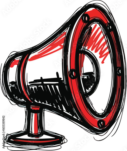 Hand-drawn illustration of a red megaphone, conveying a message.