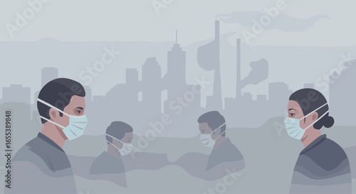 illustration of air pollution with people wearing masks
