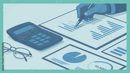 Financial Analysis with Calculator Graphs and Pen in Blue Tones.