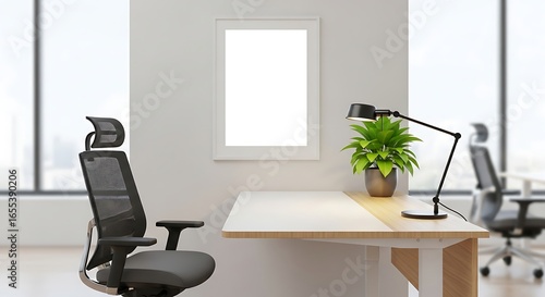 Frame mockup, ISO A paper size. Minimalist office wall poster mockup. Interior mockup with standing desk and ergonomic chair. Nordic work style. 3D render