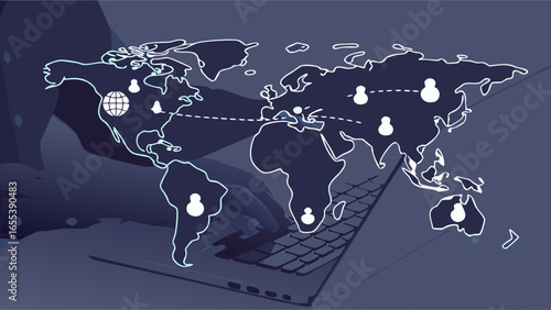 Global Network Connection on Laptop with World Map Illustration.