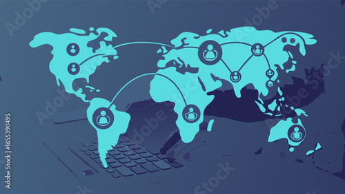 Global Network Connection with World Map and Keyboard Illustration.