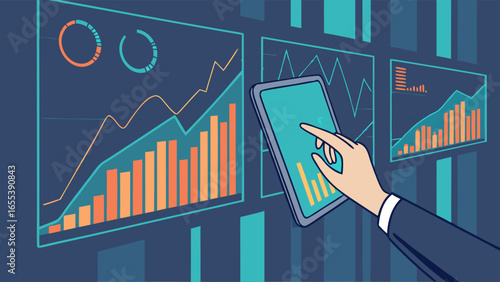 Hand Interacting with Digital Graphs on Tablet.