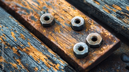 Three rusty bolts on a weathered wooden plank, with a yellowish-brown patina and a few patches of green moss, set against a weathered wooden background