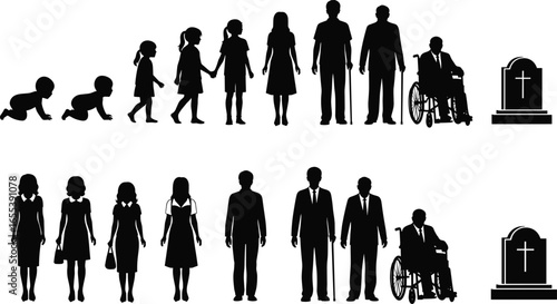 Human life cycle illustration, infancy to old age, growth, aging, development, journey, timeline, evolution, maturity, stages, progression, phases, lifespan, silhouette, concept, aging process