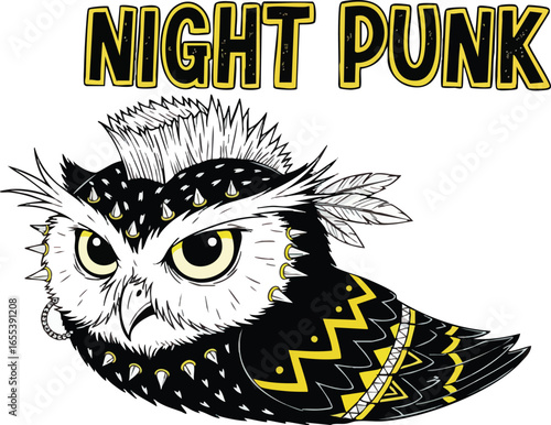 A stylized illustration of an owl with a punk rock aesthetic, featuring a mohawk and earrings.