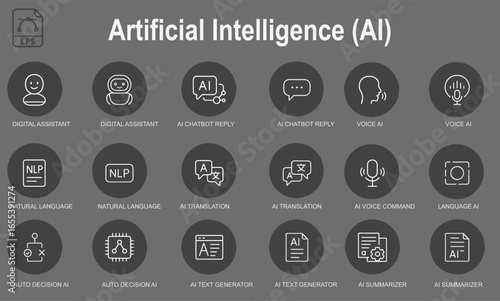 Modern AI Interface Icon Set – Digital Assistant, Chatbot Reply, Voice AI, NLP & Smart Automation