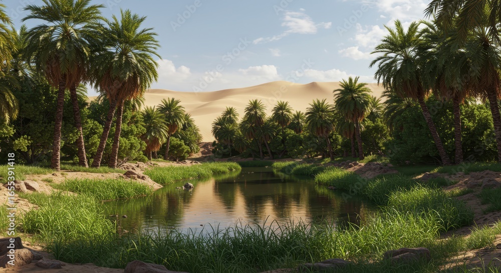 Obraz premium Serene Oasis: Palm Trees and Tranquil Waters in the Desert