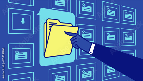 Hand Pointing to a Yellow Folder on a WallMounted Bulletin Board.