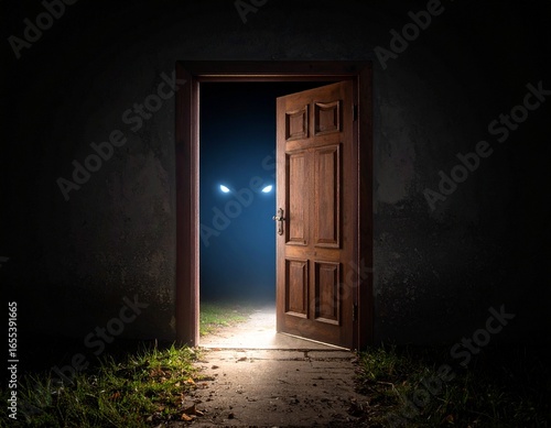 A dark wooden door slowly creaks open by itself  revealing only pitch blackness wit