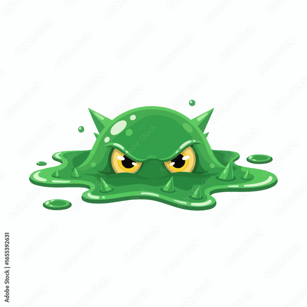Naklejka premium Green slime monster with angry yellow eyes and spikes emerging from a pool of goo on a white background