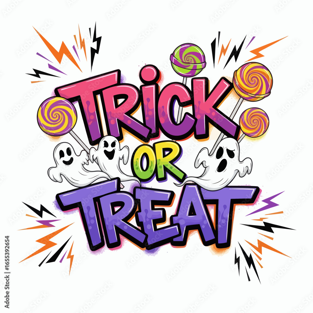 Fototapeta premium Colorful TRICK OR TREAT text with lollipops cartoon ghosts and dynamic bursts on a white background