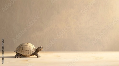 A solitary tortoise slowly walks across a wooden floor with a textured wall behind it