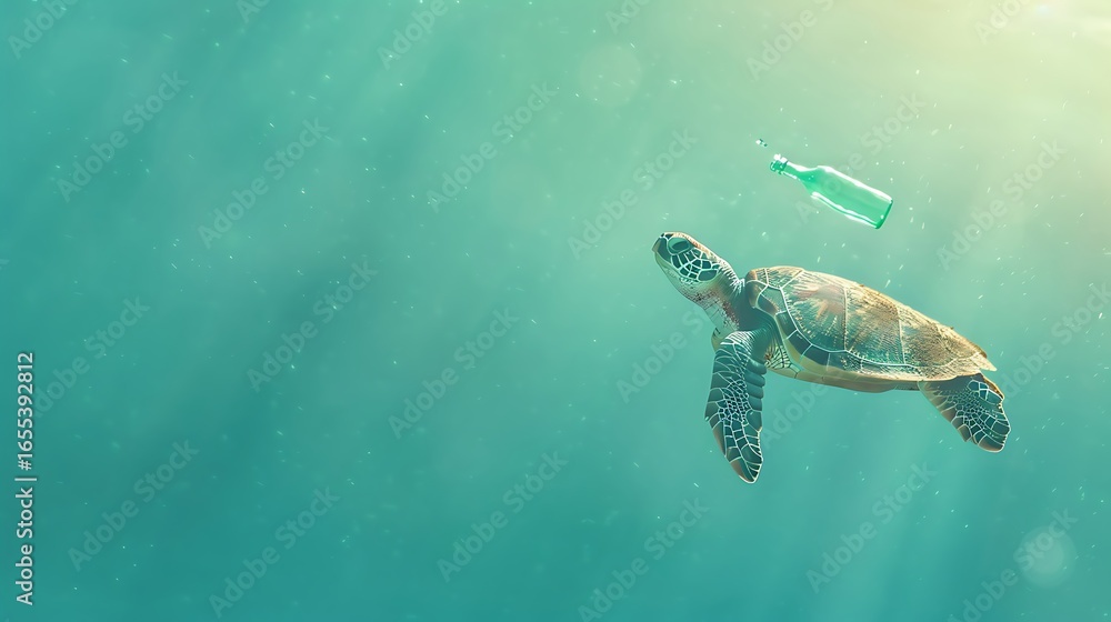 Fototapeta premium Sea turtle swims near a discarded plastic bottle in the ocean, highlighting environmental pollution
