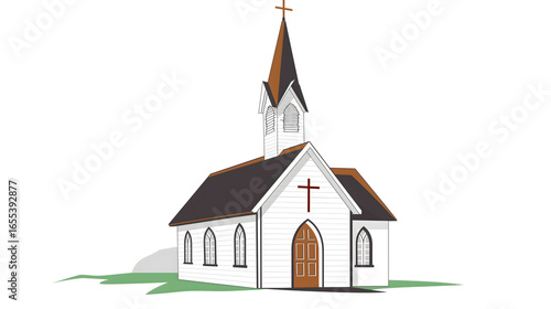Illustration of Simple White Church Building with Steeple