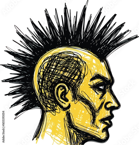 Stylized sketch of a person's profile with a prominent, spiky black mohawk hairstyle and yellow-tinged skin.