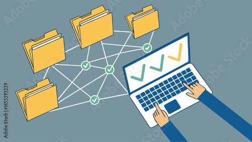 Laptop User Managing Interconnected Digital Files and Data Network.